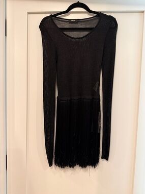 NWT Osklen Folk Collection Knit Fringe Hem Long Sleeve Mini Dress, Size Small